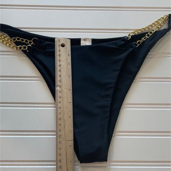 Women Bikini Swimsuit NWT Large Black 2 Piece Triangle Gold Chain Strap Tie Side - Picture 4 of 6